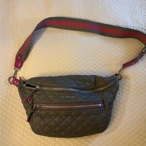 MZ Wallace Gray Crossbody Bag with Pink Accents